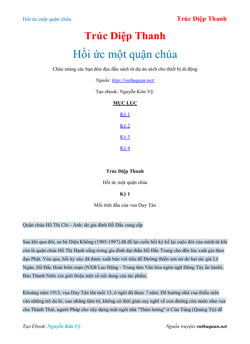 Ebook Hồi ức một quận chúa Trúc Diệp Thanh
