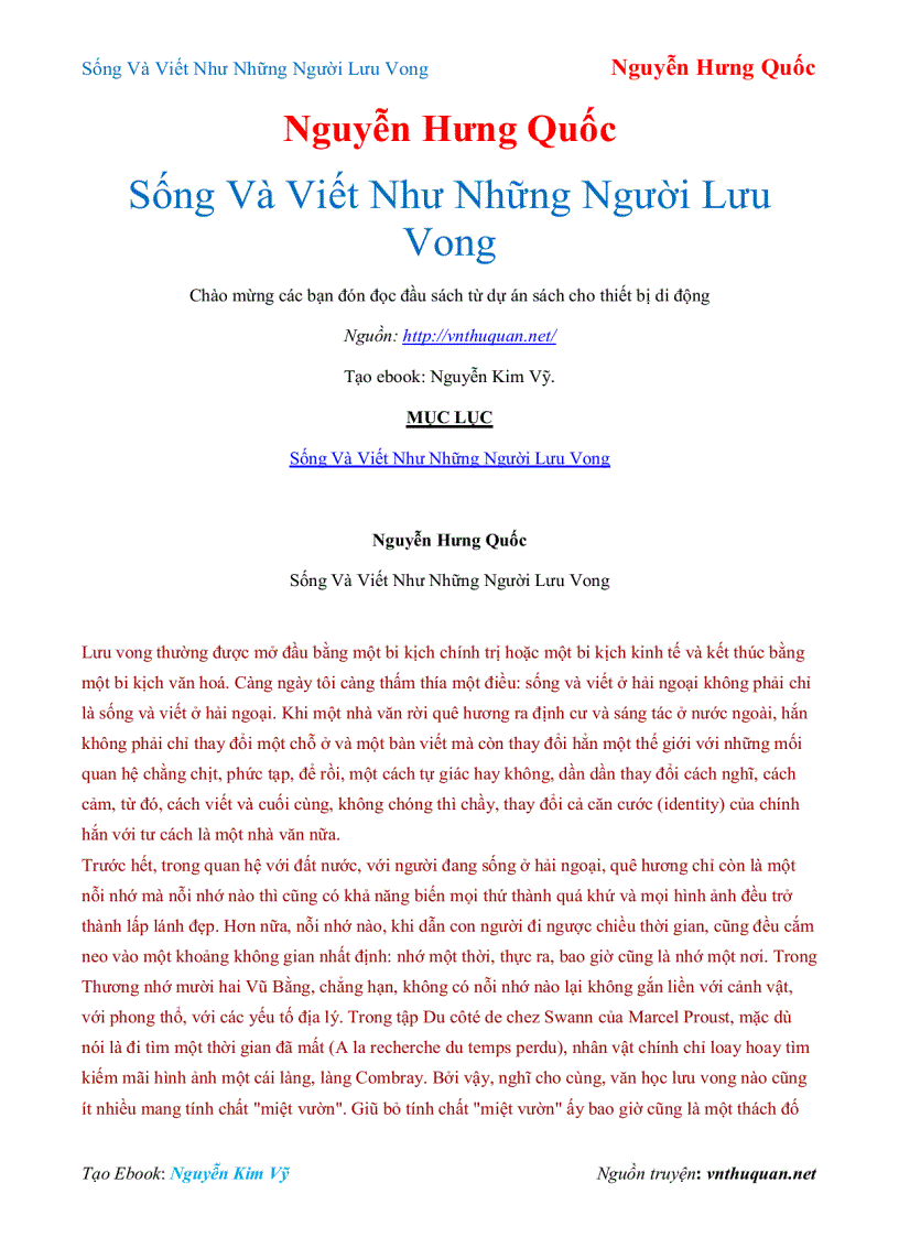 Ebook Sống Và Viết Như Những Người Lưu Vong Nguyễn Hưng Quốc