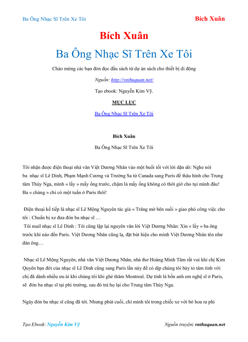 Ebook Ba Ông Nhạc Sĩ Trên Xe Tôi Bích Xuân