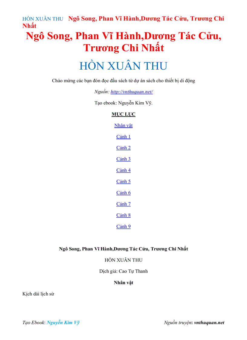 Ebook HỒN XUÂN THU Ngô Song Phan Vĩ Hành Dương Tác Cửu Trương Chi Nhất