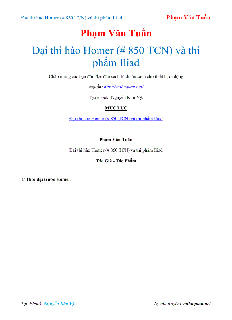 Ebook Đại thi hào Homer và thi phẩm Iliad Phạm Văn Tuấn