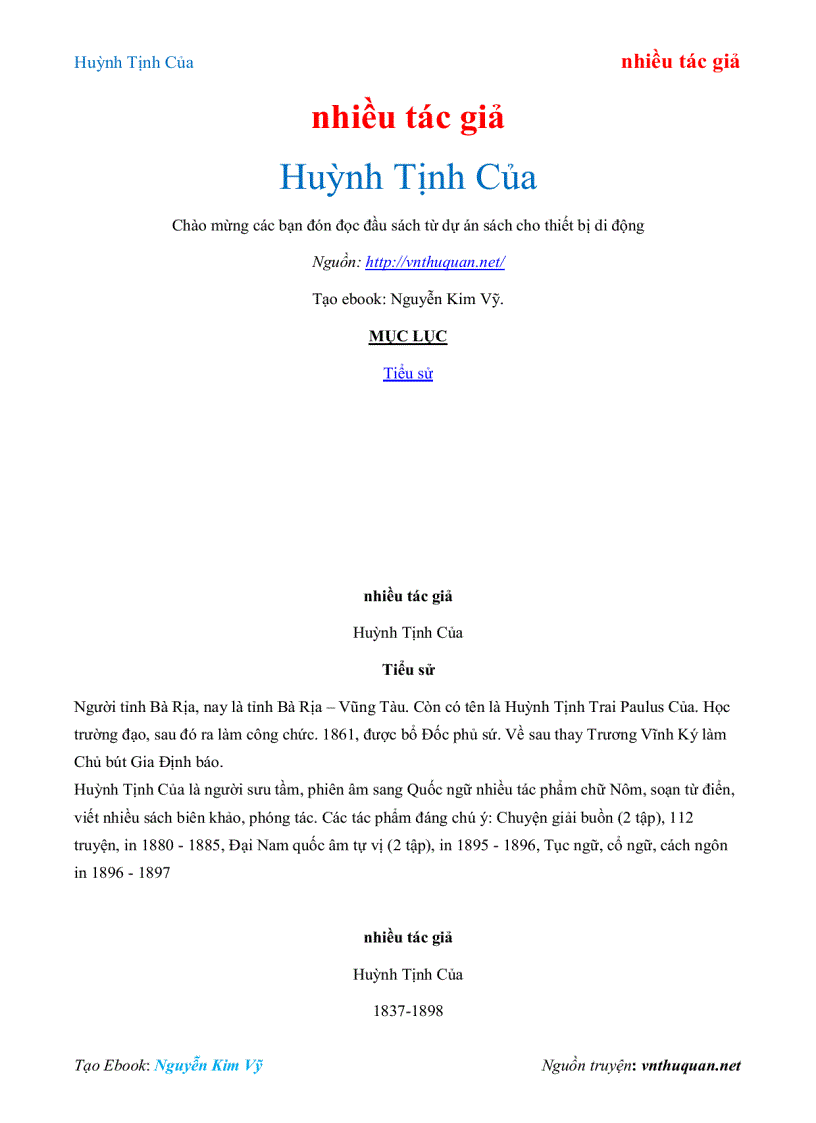 Ebook Huỳnh Tịnh Của nhiều tác giả