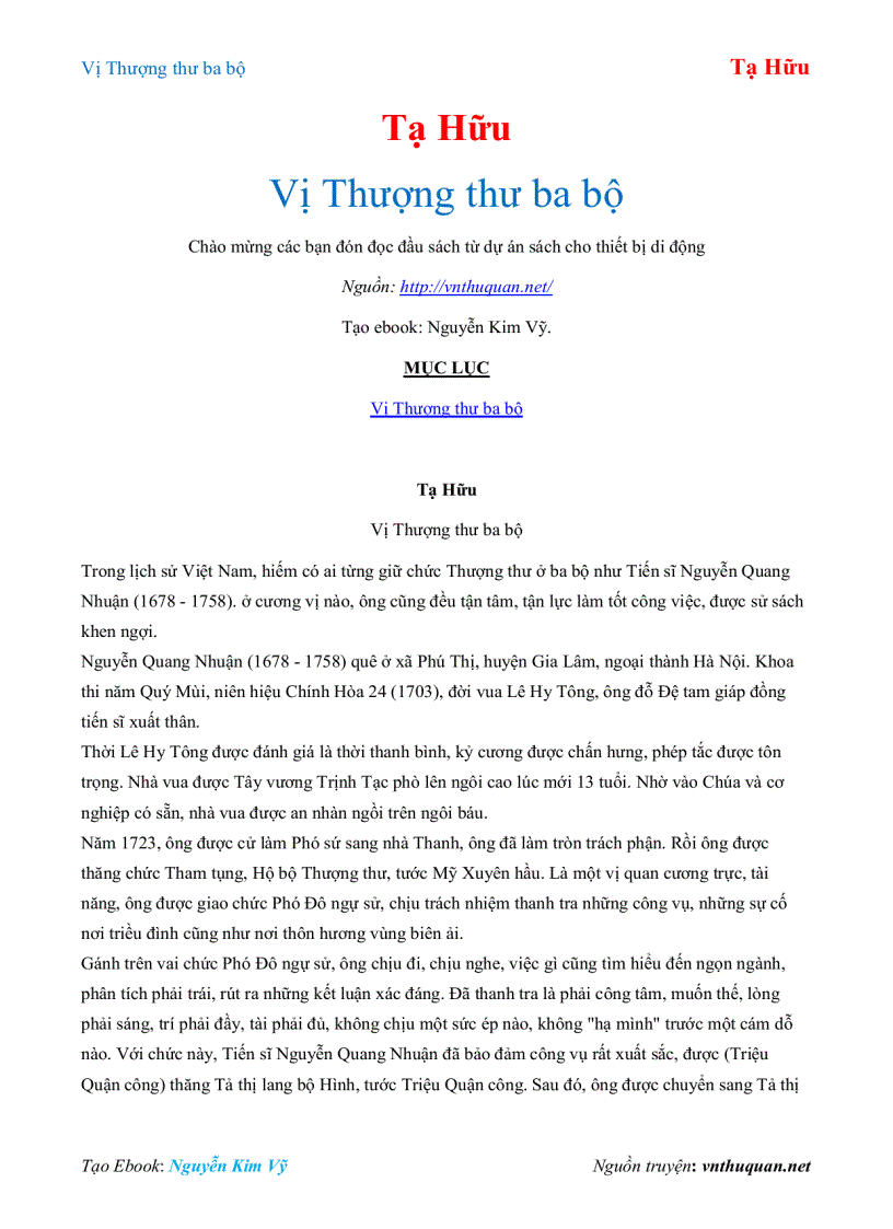 Ebook Vị Thượng thư ba bộ Tạ Hữu