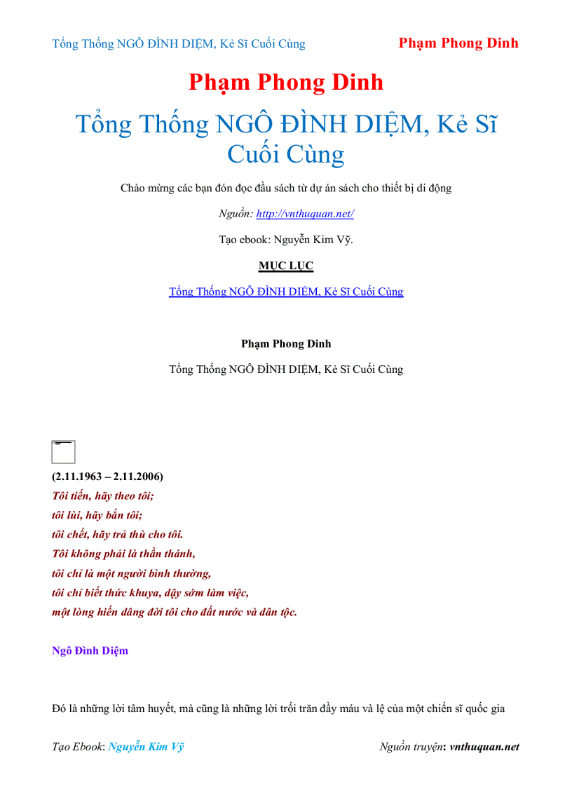 Ebook Tổng Thống NGÔ ĐÌNH DIỆM Kẻ Sĩ Cuối Cùng Phạm Phong Dinh