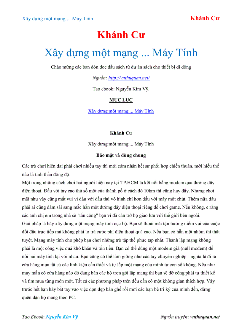 Ebook Xây dựng một mạng Máy Tính Khánh Cư