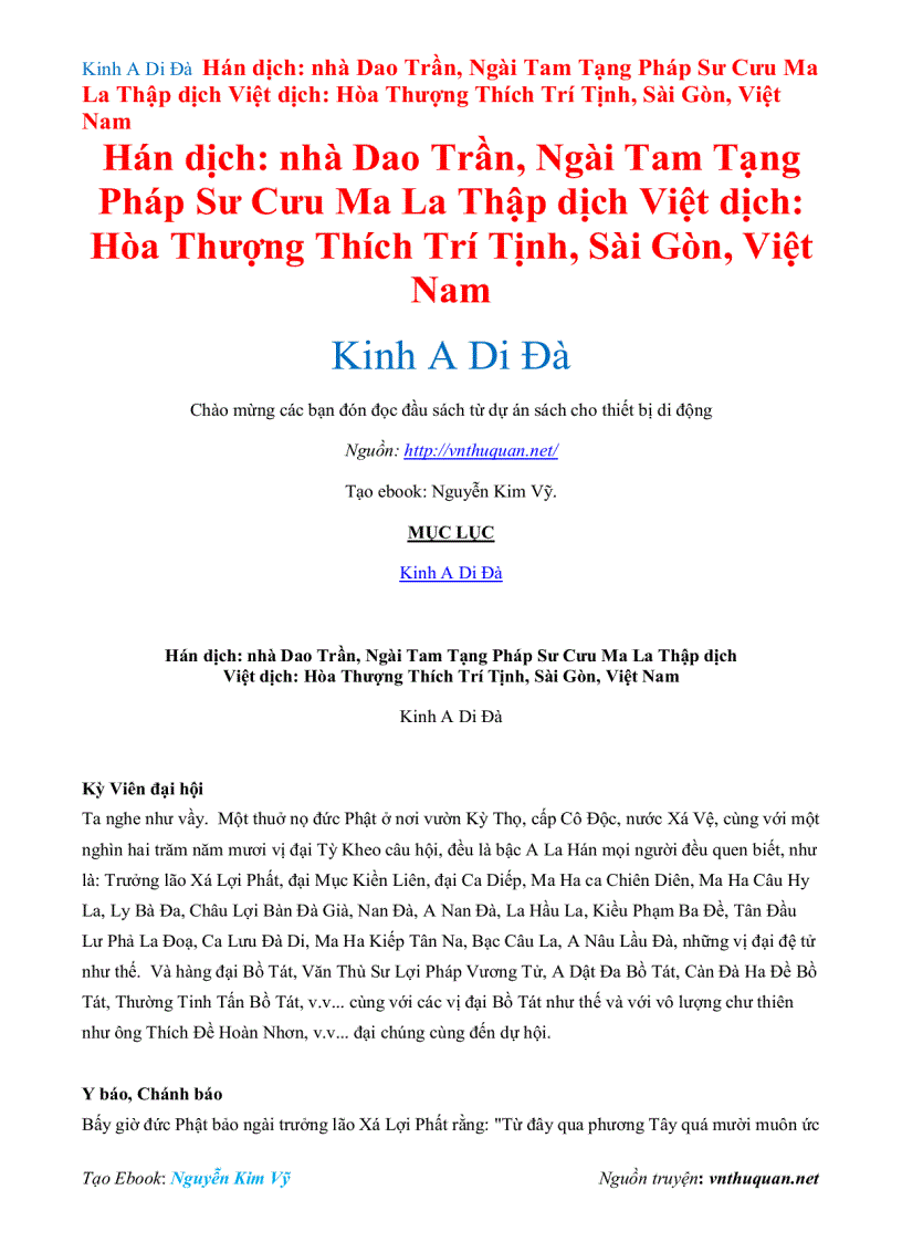 Ebook Kinh A Di Đà Hán dịch nhà Dao Trần Ngài Tam Tạng Pháp Sư Cưu Ma La Thập dịch Việt dịch Hòa Thượng Thích Trí Tịnh Sài Gòn Việt Nam