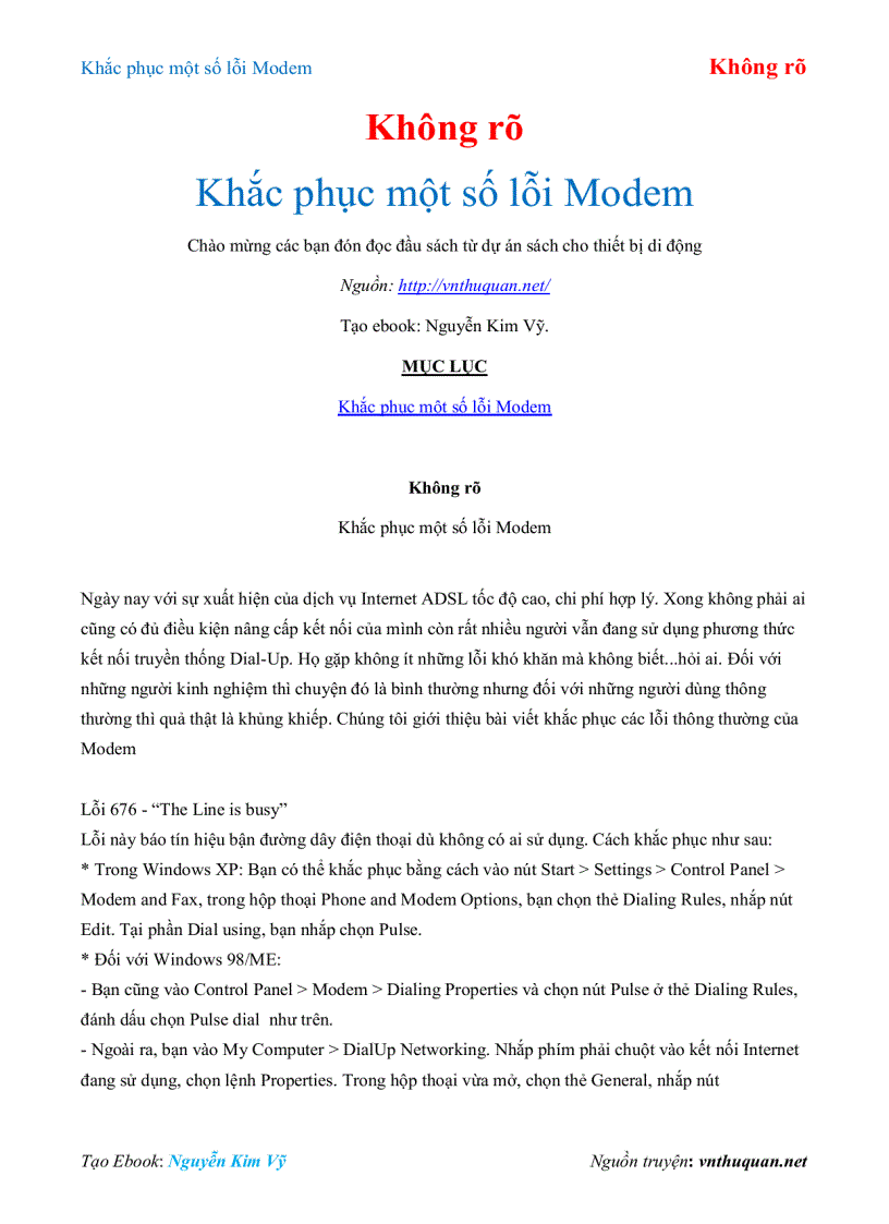 Ebook Khắc phục một số lỗi Modem