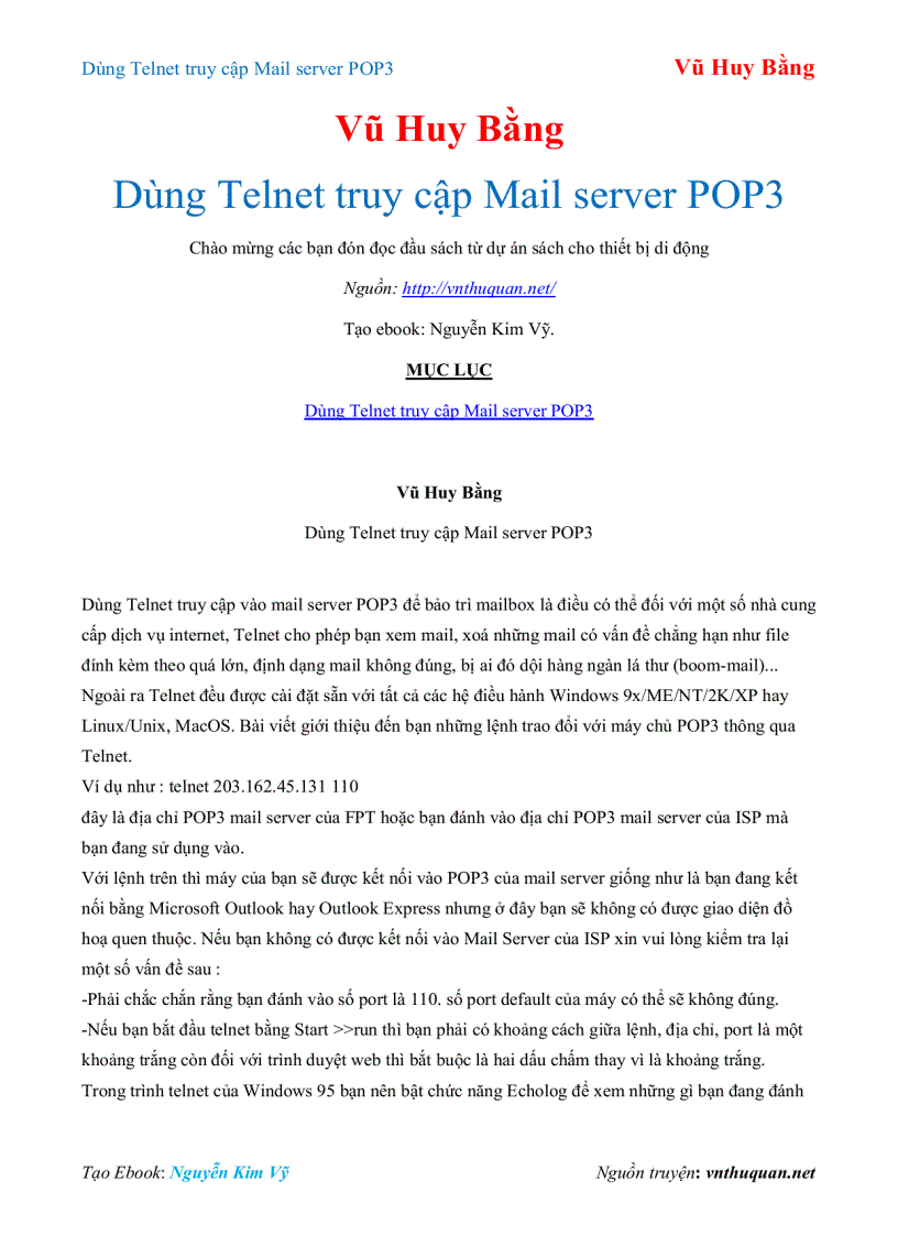 Ebook Dùng Telnet truy cập Mail server POP3 Vũ Huy Bằng