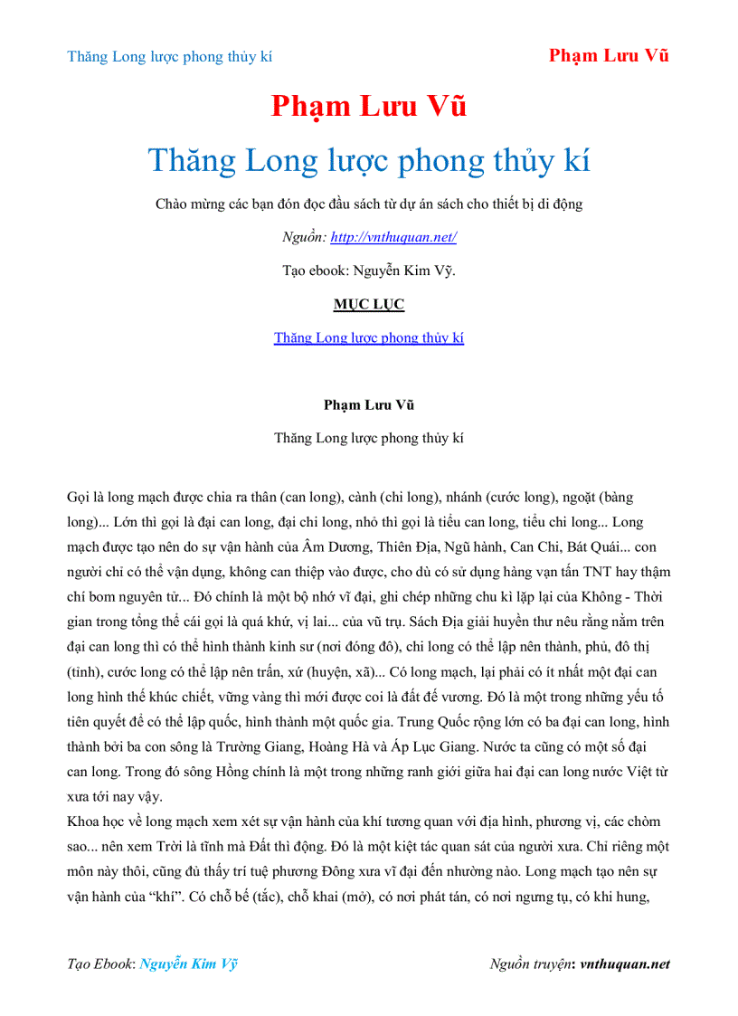 Ebook Thăng Long lược phong thủy kí Phạm Lưu Vũ