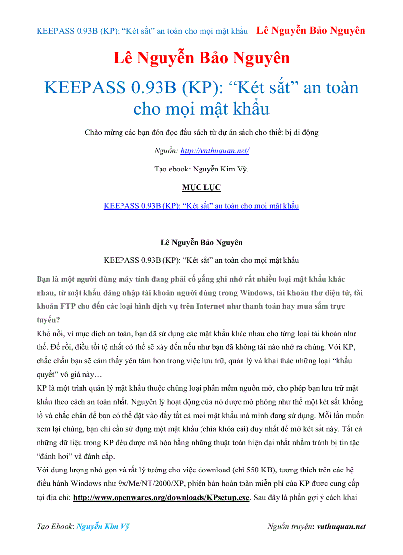 Ebook KEEPASS 0 93B KP Két sắt an toàn cho mọi mật khẩu Lê Nguyễn Bảo Nguyên