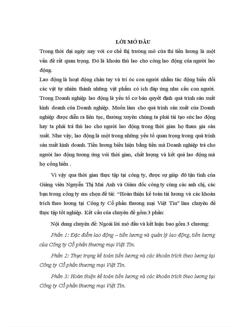 Hoàn thiện kế toán tài lương và các khoản trích theo lương tại Công ty Cổ phần thương mại Việt Tín