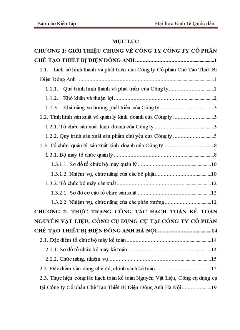 Thực trạng công tác hạch toán kế toán nguyên vật liệu công cụ dụng cụ tại công ty cổ phần chế tạo thiết bị điện đông anh hà nội
