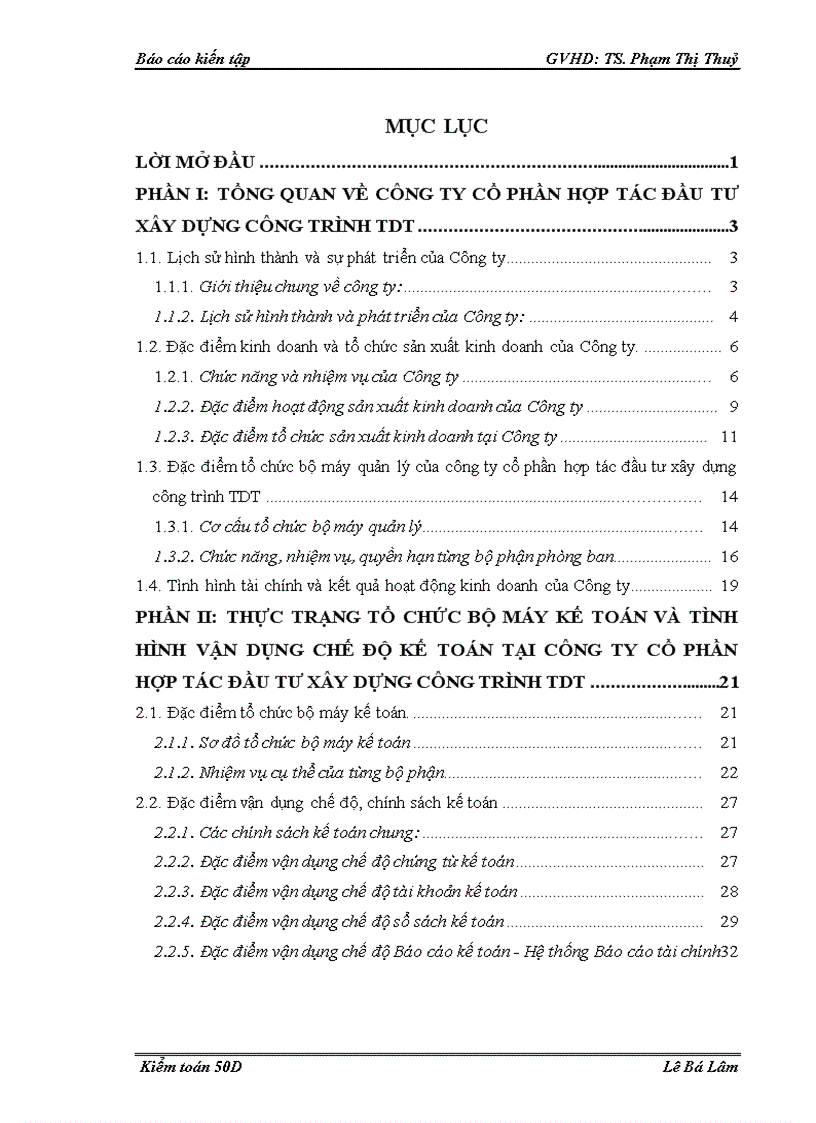 Thực trạng tổ chức bộ máy Kế toán và tình hình vận dụng chế độ Kế toán tại Công ty Cổ phần hợp tác đầu tư xây dựng công trình TDT