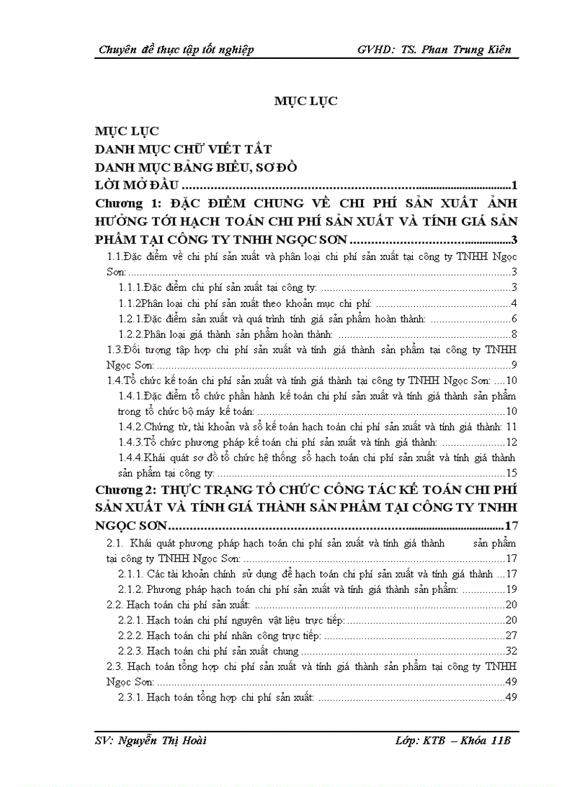 Hạch toán chi phí sản xuất và tính giá thành sản phẩm tại công ty TNHH Ngọc Sơn