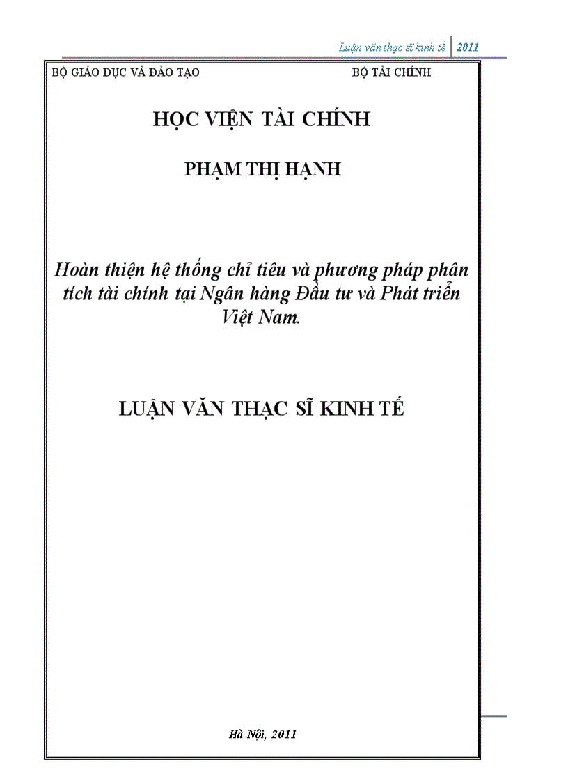 Hoàn thiện hệ thống chỉ tiêu và phương pháp phân tích tài chính tại Ngân hàng Đầu tư và Phát triển Việt Nam