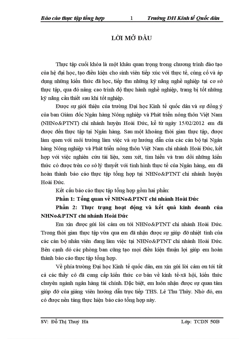 Thực trạng hoạt động và kết quả kinh doanh của NHNo PTNT chi nhánh Hoài Đức