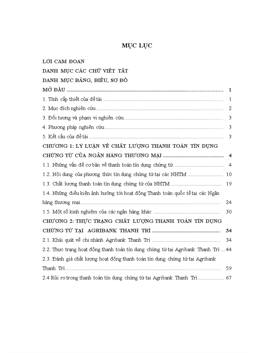 Giải pháp nâng cao chất lượng thanh toán tín dụng chứng từ đối với Ngân hàng Nông nghiệp Phát triển Nông thôn Việt Nam Chi nhánh Thanh Trì Hà Nội Agribank Thanh Trì