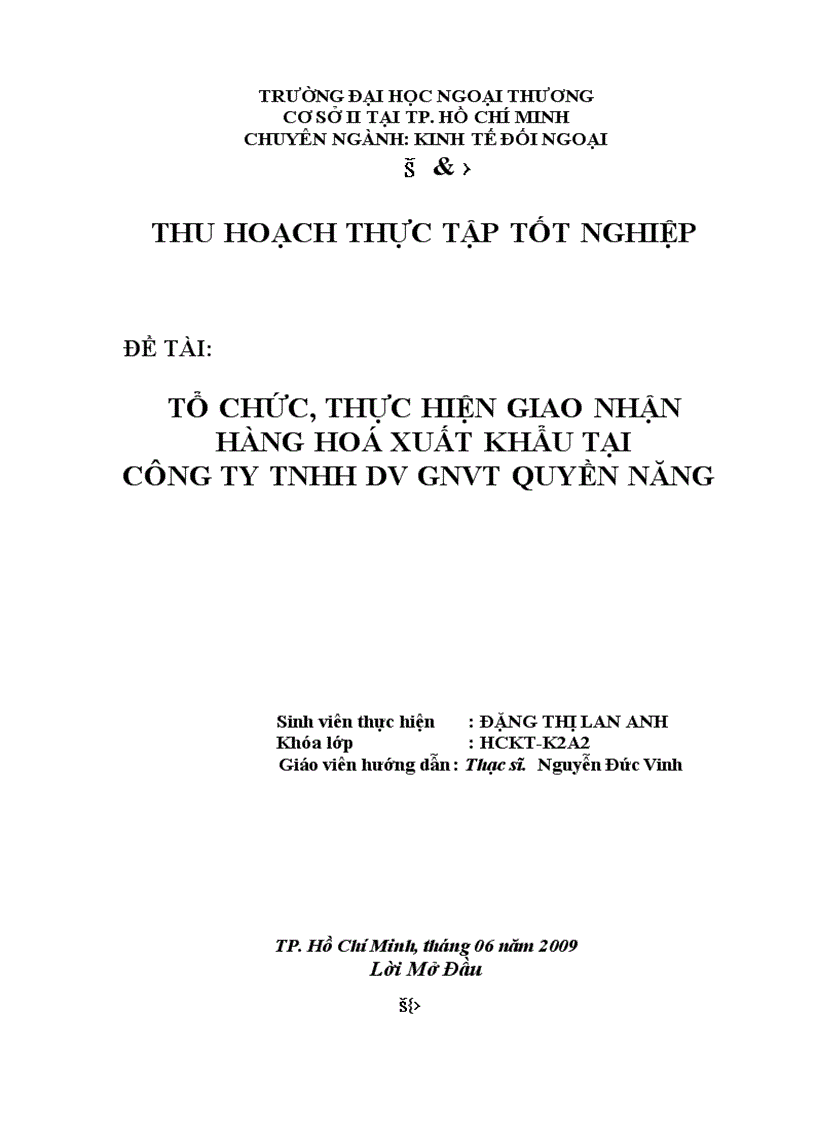 Tổ chức thực hiện giao nhận hàng hoá xuất khẩu tại công ty tnhh dv gnvt quyền năng