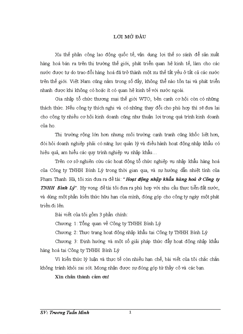 Hoạt động nhập khẩu hàng hoá ở Công ty TNHH Bình Lý