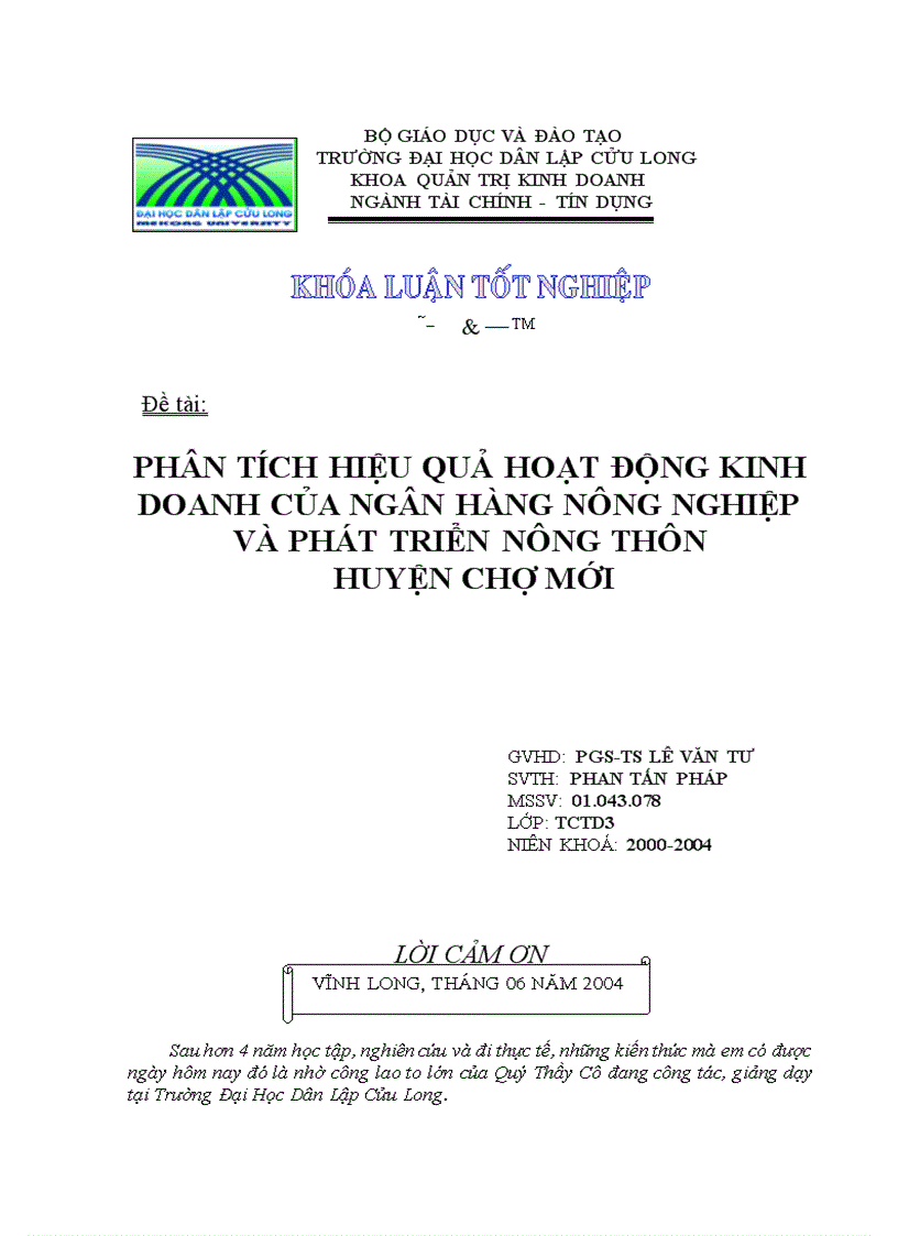 Phân tích hiệu quả hoạt động kinh doanh của ngân hàng nông nghiệp và phát triển nông thôn huyện chợ mới