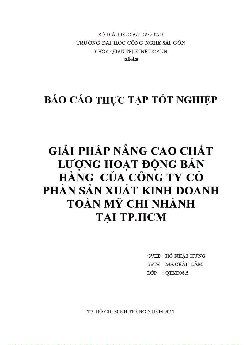 GIải pháp nâng cao chất lượng hoạt động bán hàng của công ty cổ phần sản xuất kinh doanh toàn mỹ chi nhánh tại TP HCM