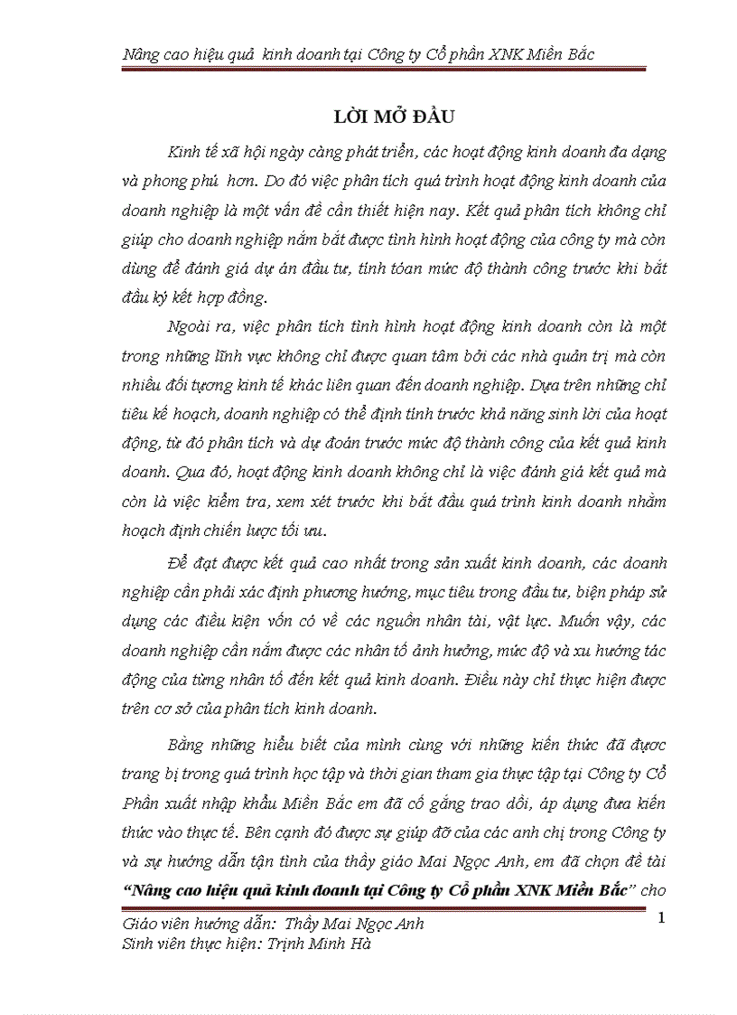 Nâng cao hiệu quả kinh doanh tại Công ty Cổ phần XNK Miền Bắc