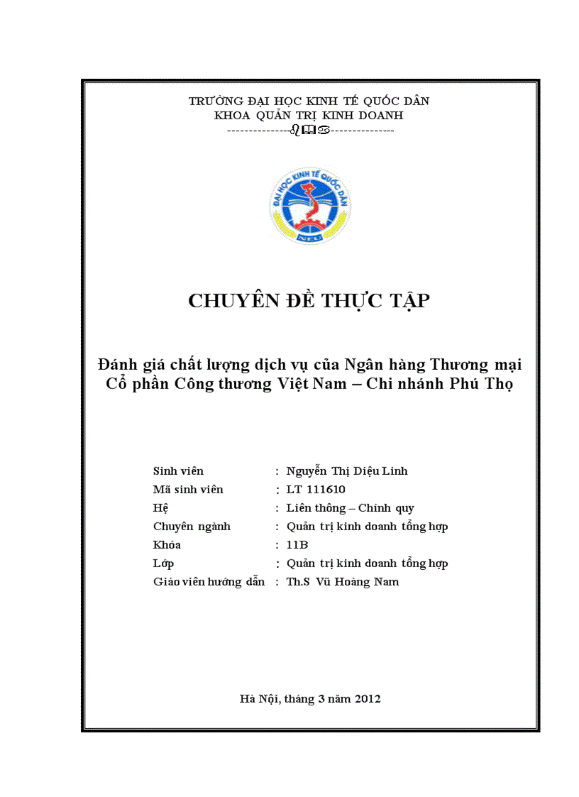 Đánh giá chất lượng dịch vụ của Ngân hàng Thương mại Cổ phần Công thương Việt Nam Chi nhánh Phú Thọ