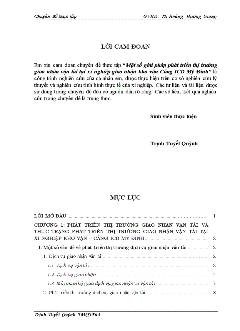 Một số giải pháp phát triển thị trường giao nhận vận tải tại xí nghiệp giao nhận kho vận Cảng ICD Mỹ Đình