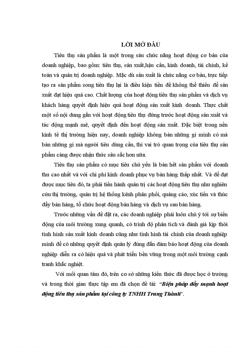 Biện pháp đẩy mạnh hoạt động tiêu thụ sản phẩm tại công ty TNHH Trung Thành