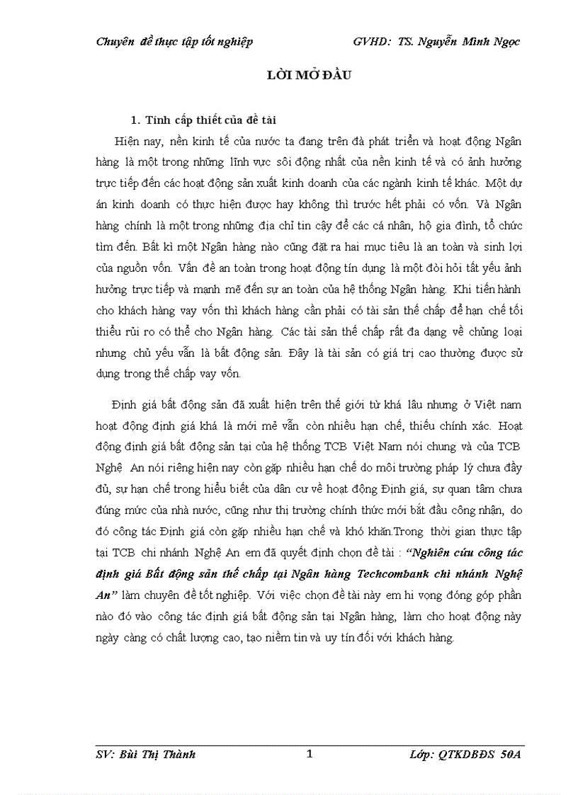 Nghiên cứu công tác định giá Bất động sản thế chấp tại Ngân hàng Techcombank chi nhánh Nghệ An