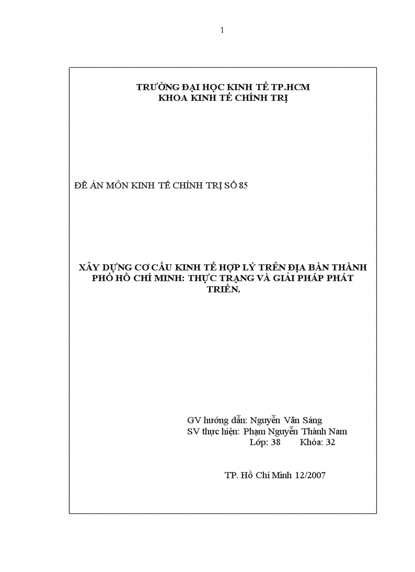 Xây dựng cơ cấu kinh tế hợp lý trên địa bàn thành phố hồ chí minh thực trạng và giải pháp phát triển 1