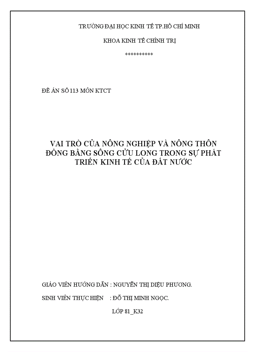 Vai trò của nông nghiệp và nông thôn đồng bằng Sông Cửu Long trong sự phát triển kinh tế của đất nước