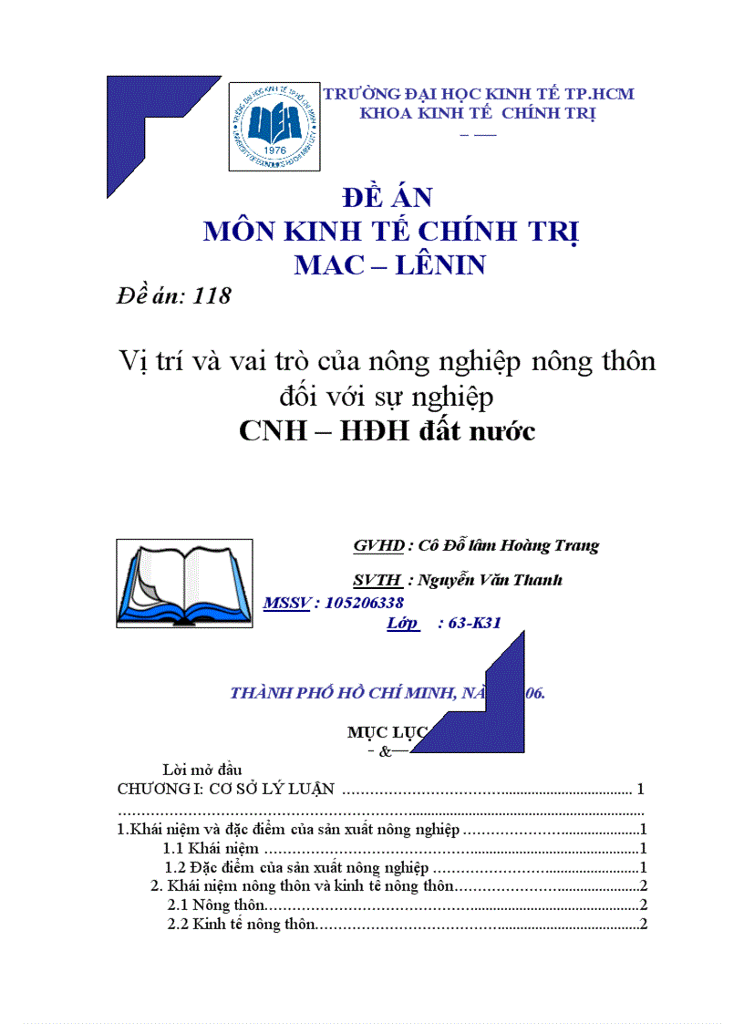 Vị trí và vai trò của nông nghiệp nông thôn đối với sự nghiệp CNH HĐH đất nước