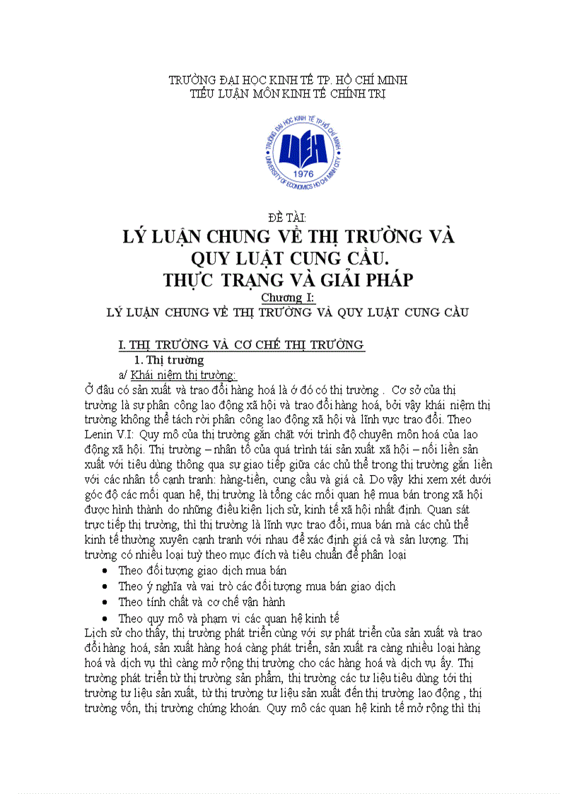 Lí LUẬN CHUNG VỀ THỊ TRƯỜNG VÀ QUY LUẬT CUNG CẦU THỰC TRẠNG VÀ GIẢI PHÁP