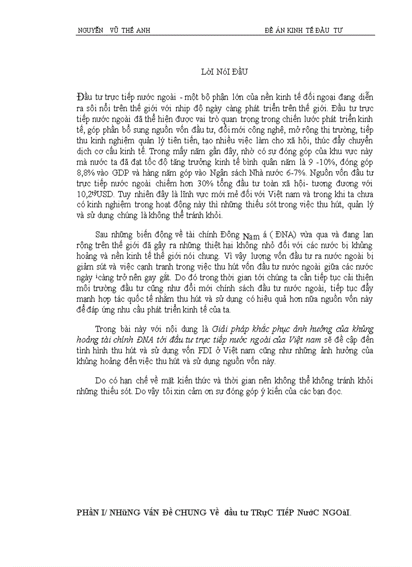Giải pháp khắc phục ảnh hưởng của khủng hoảng tài chính ĐNA tới đầu tư trực tiếp nước ngoài của Việt nam