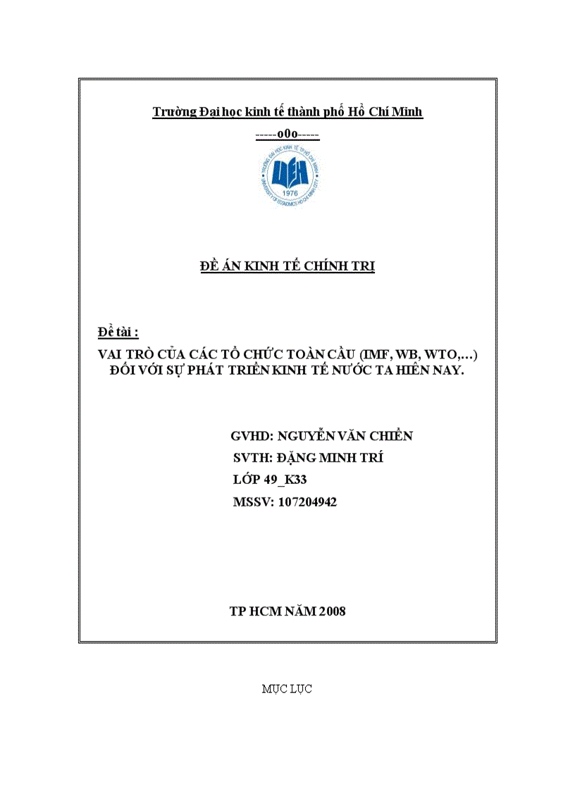 Vai trò của các tổ chức toàn cầu imf wb wto đối với sự phát triển kinh tế nước ta hiên nay