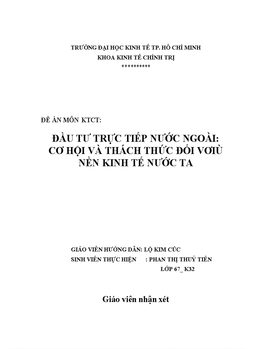 Đầu tư trực tiếp nước ngoài cơ hội và thách thức đối vơi nền kinh tế nước ta