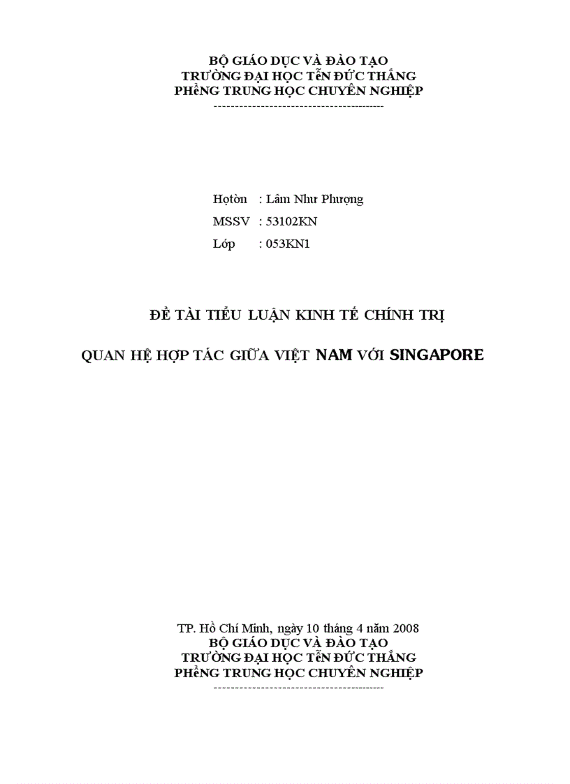 Quan hệ hợp tác giữa VIỆT NAM VỚI SINGAPORE