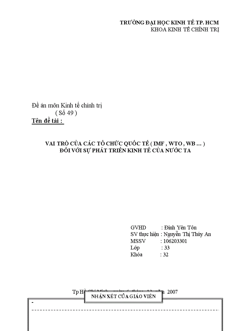Vai trò của các tổ chức quốc tế imf wto wb đối với sự phát triển kinh tế của nước ta