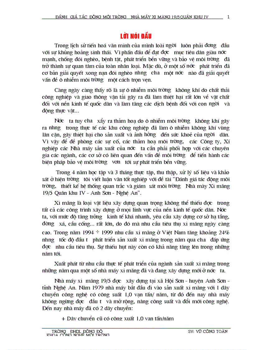 Đánh giá tác động môi trường thiết kế hệ thống quan trắc và giám sát môi trường Nhà mày Xi măng 19 5 Quân khu IV Anh Sơn Nghệ An