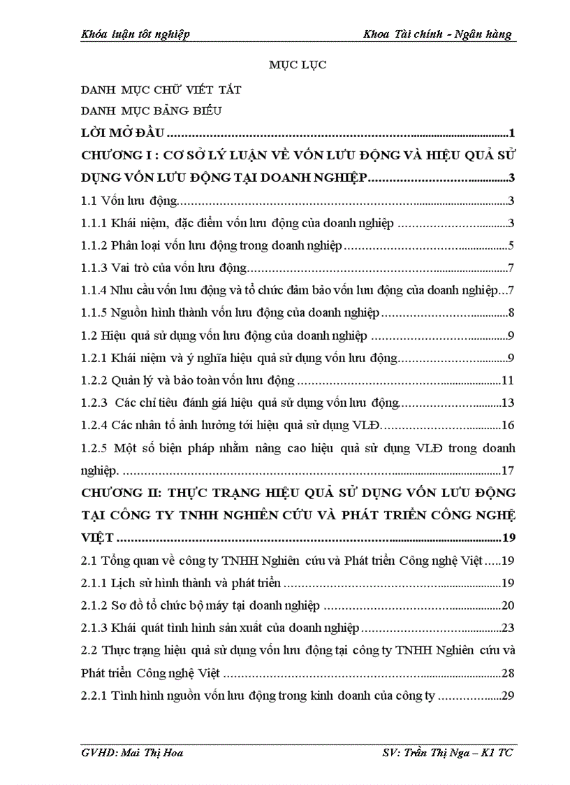 Giải pháp nâng cao hiệu quả sử dụng vốn lưu động tại công ty TNHH Nghiên cứu và Phát triển Công nghệ Việt 1