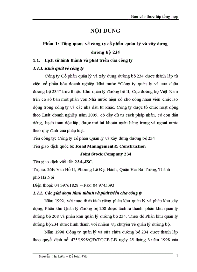 Báo cáo thực tập tổng hợp tại i công ty cổ phần quản lý và xây dựng đường bộ 234