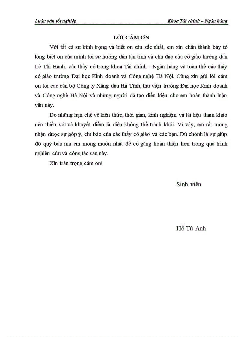 Một số giải pháp tài chính chủ yếu nâng cao hiệu quả sử dụng vốn của Công ty xăng đầu Hà Tĩnh