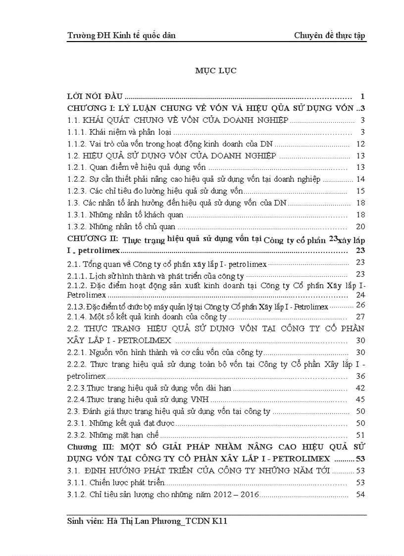 Một số giải pháp nhằm nâng cao hiệu quả sử dụng vốn tại công ty Cổ phần Xây lắp I Petrolimex 1