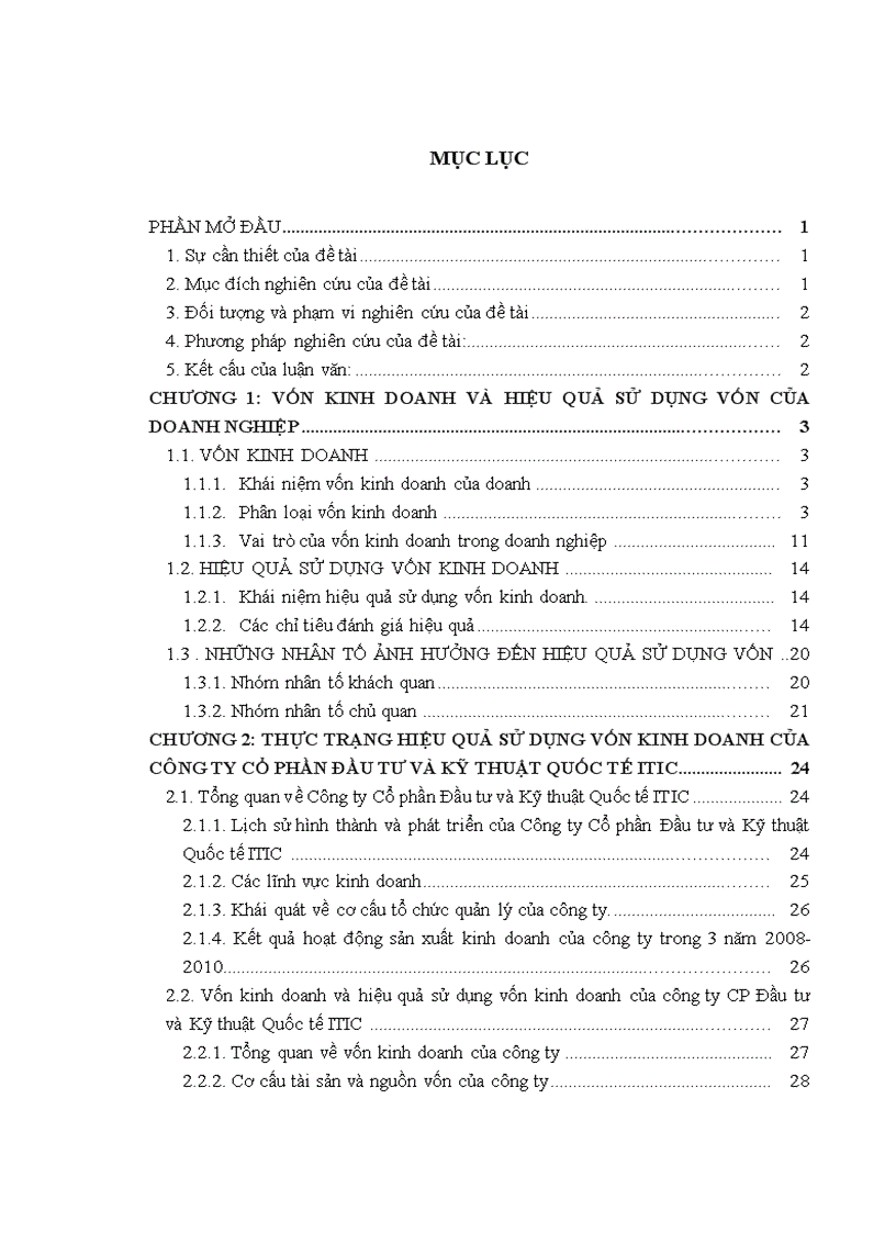 Giải pháp nâng cao hiệu quả sử dụng vốn kinh doanh tại công ty CP Đầu tư và Kỹ thuật Quốc tế ITIC