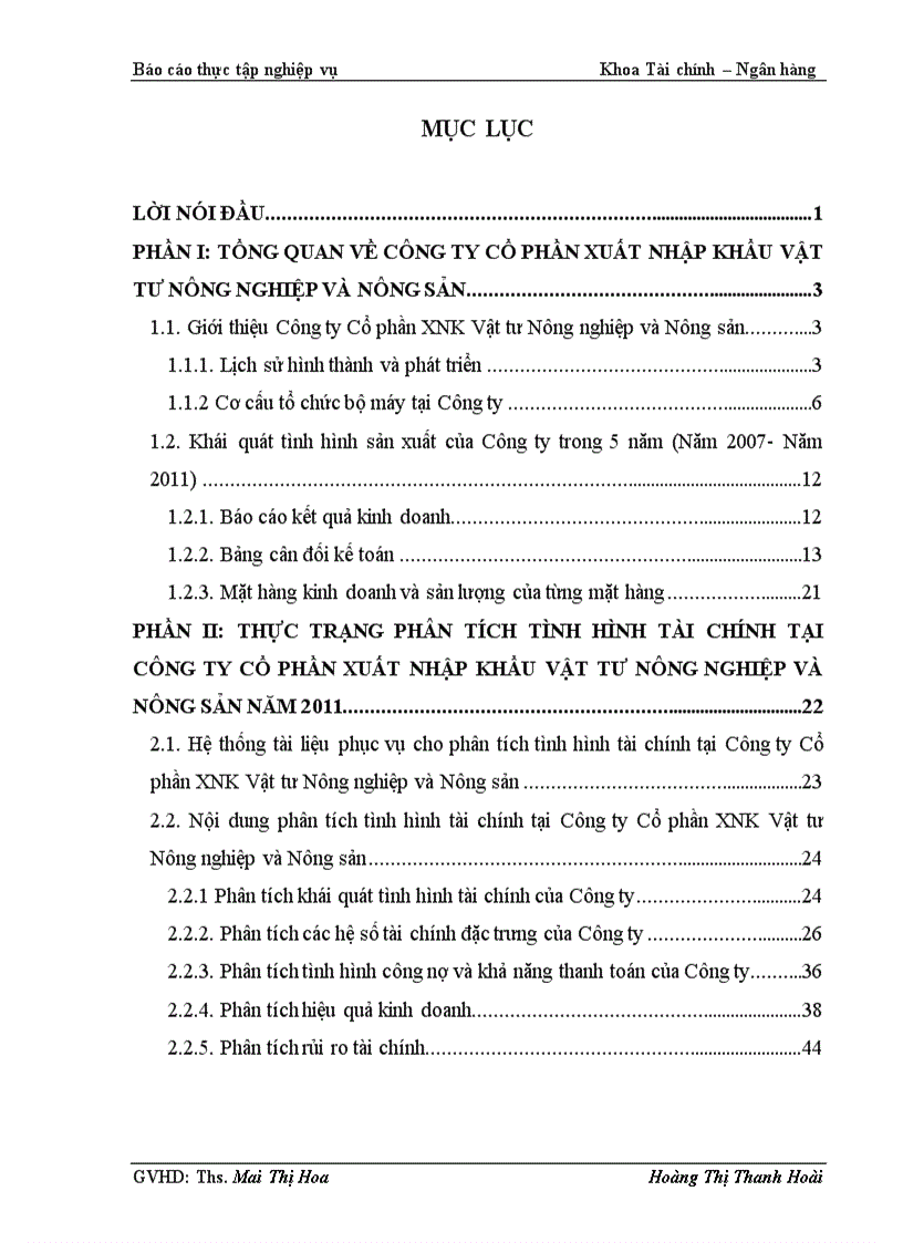 Phân tích tình hình tài chính tại Công ty Cổ phần Xuất nhập khẩu Vật tư Nông nghiệp và Nông sản