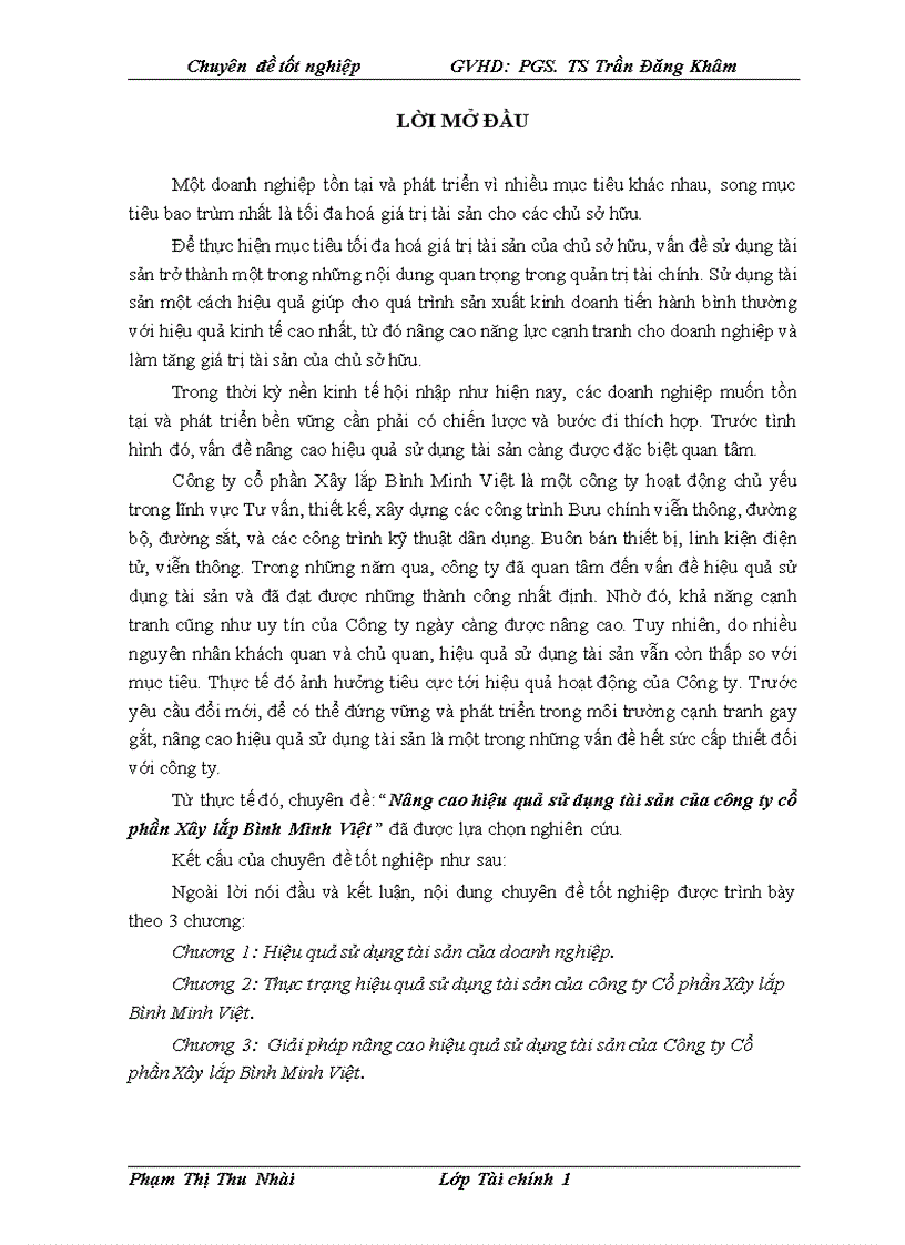 Nâng cao hiệu quả sử dụng tài sản của công ty cổ phần Xây lắp Bình Minh Việt 1