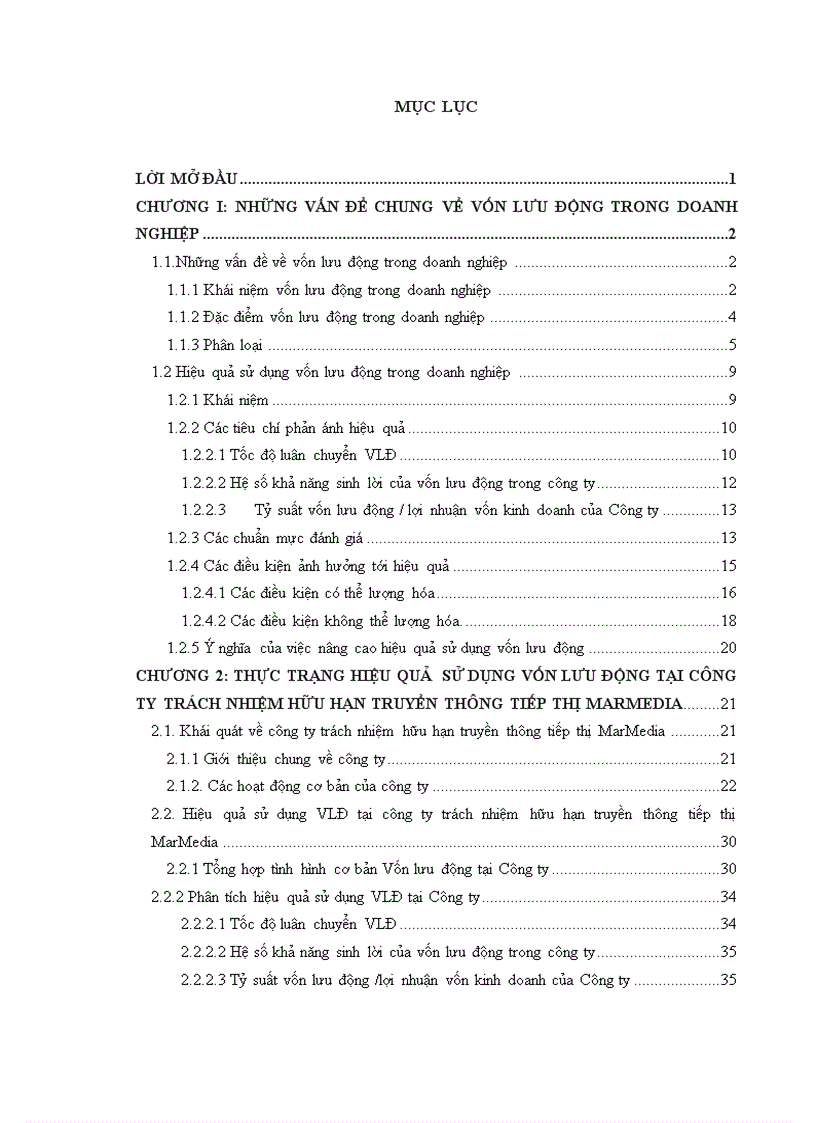 Hiệu quả sử dụng vốn lưu động tại công ty trách nhiệm hữu hạn truyền thông tiếp thị MARMEDIA