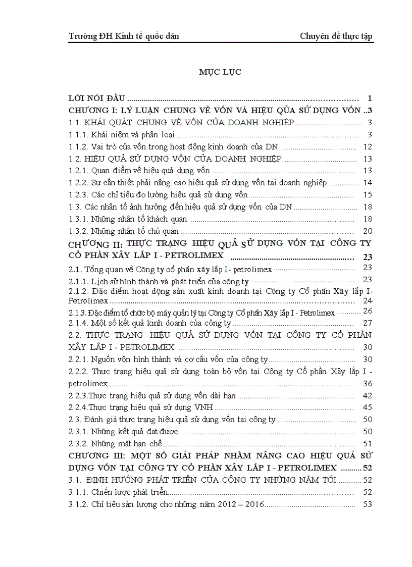 Một số giải pháp nhằm nâng cao hiệu quả sử dụng vốn tại công ty Cổ phần Xây lắp I Petrolimex