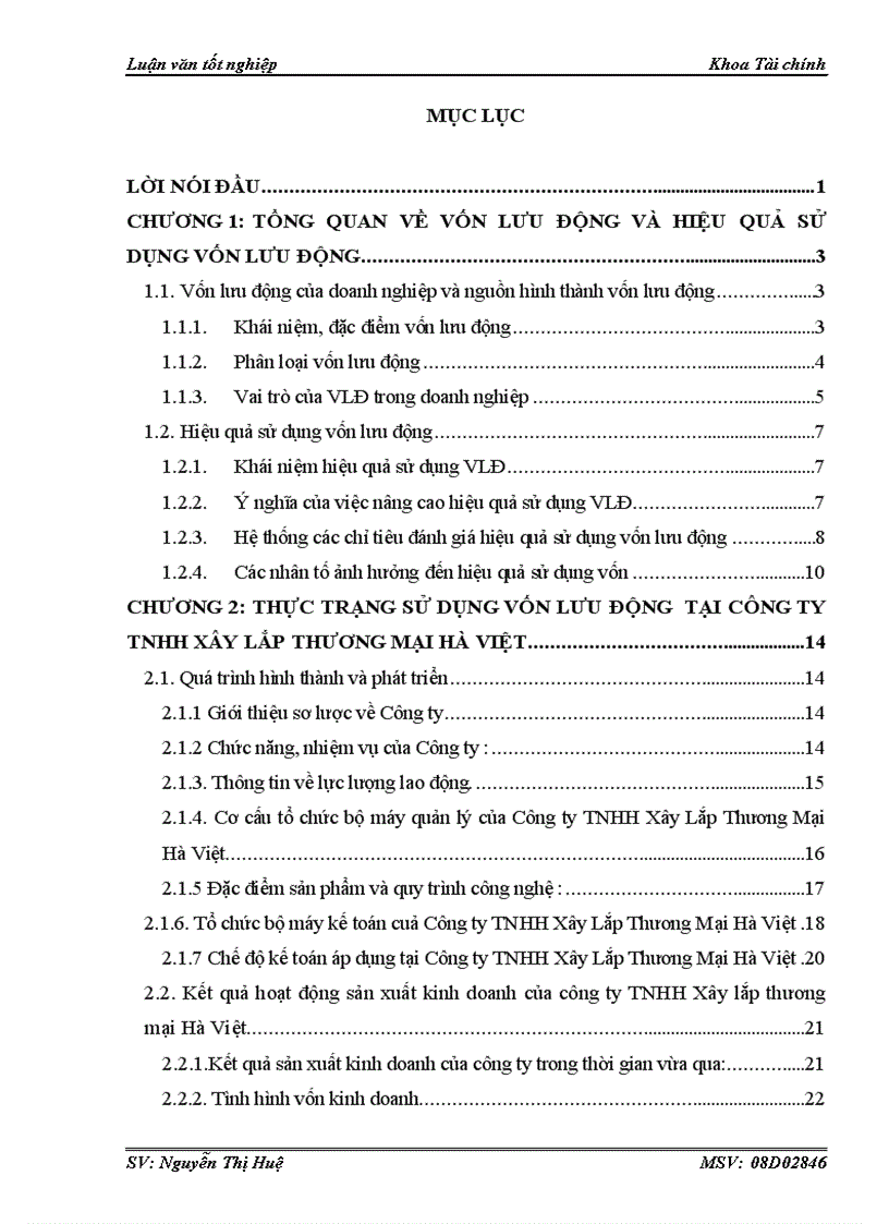 Vốn lưu động và hiệu quả sử dụng vốn lưu động tại công ty TNHH Xây lắp và thương mại Hà Việt